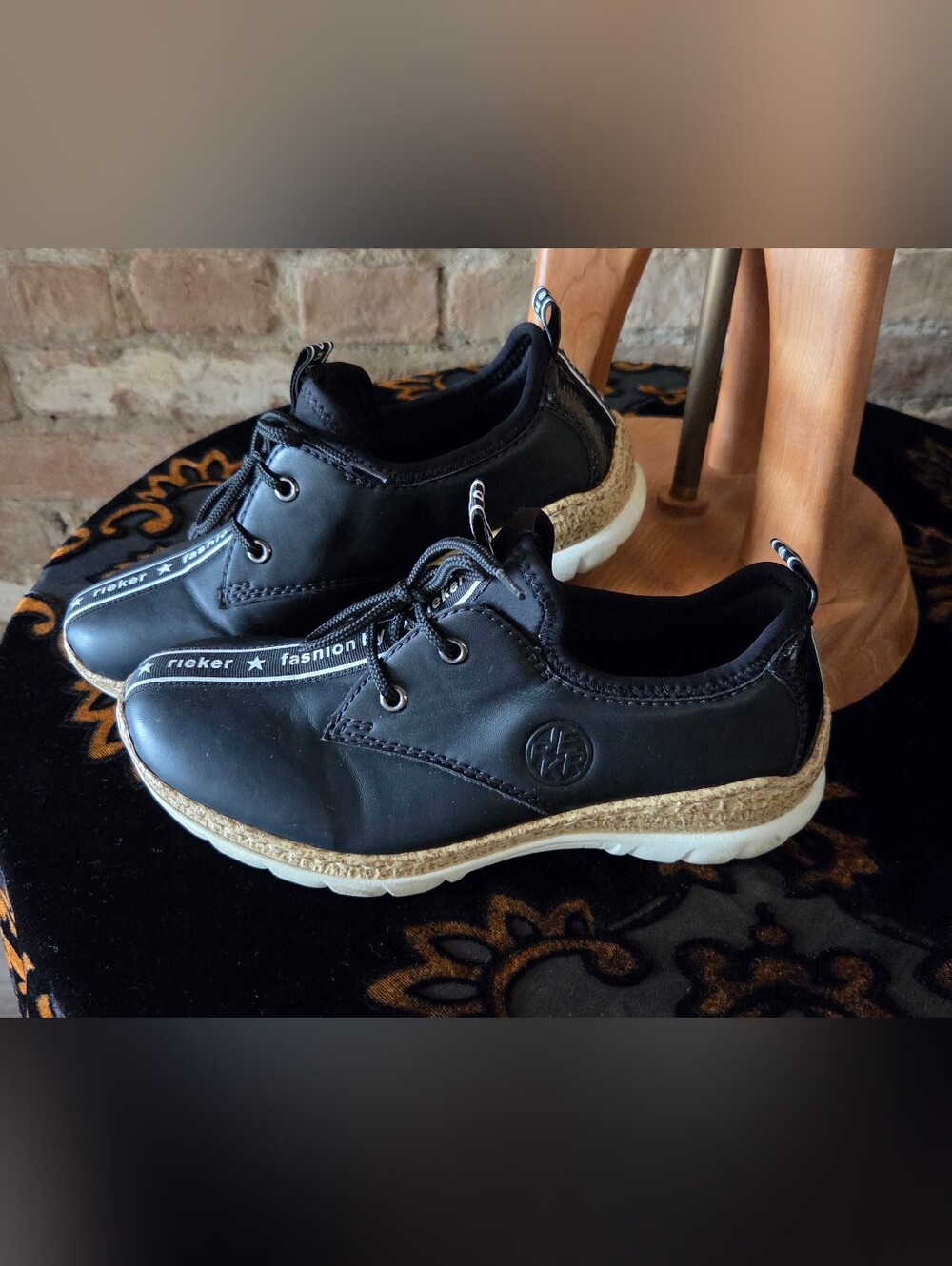Rieker Black Athletic Lace-Up Sneakers with Cork-Style Midsole Memory Foam